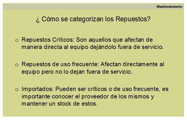 Gestión del mantenimiento preventivo. Cómo se categorizan los repuestos.