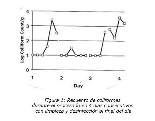 Recuento de coliformes durante el procesado en 4 días consecutivos con limpieza y desinfección al final del día.