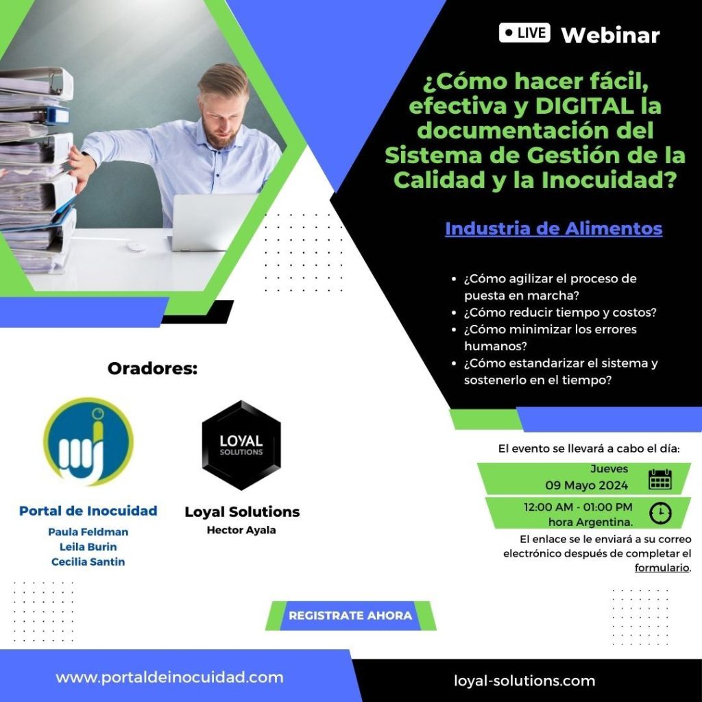 Webinar Gratuito ""¿Cómo hacer fácil, efectiva y DIGITAL la documentación del Sistema de Gestión de la Calidad y la Inocuidad?", que se realizará el jueves 9 de mayo, a las 12 AM, hora de Argentina.